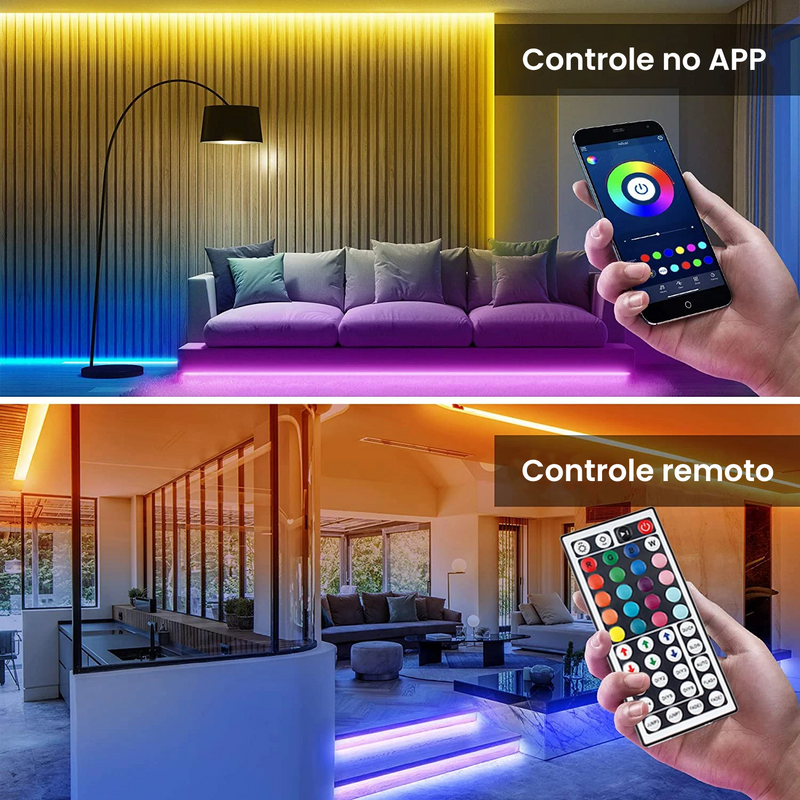 Fita Led Decorativa RGB c/ Controle Remoto, Aplicativo, Sincronização com Música e Vários Efeitos RGB