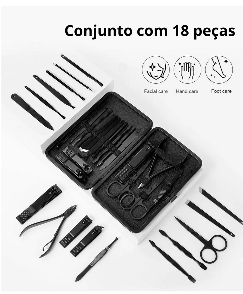 Kit Com 18 Peças de Manicure e Pedicure Em Aço Inoxidável Preto c/ Estojo De viajem