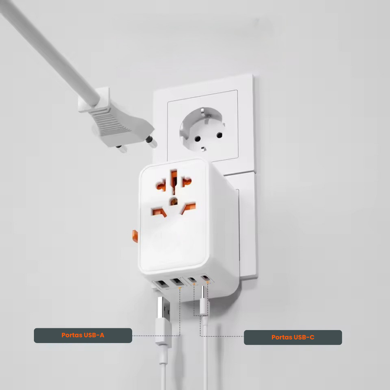 Adaptador Universal de Tomada com 5 Portas de Carregamento e Proteção Contra Surtos Elétricos